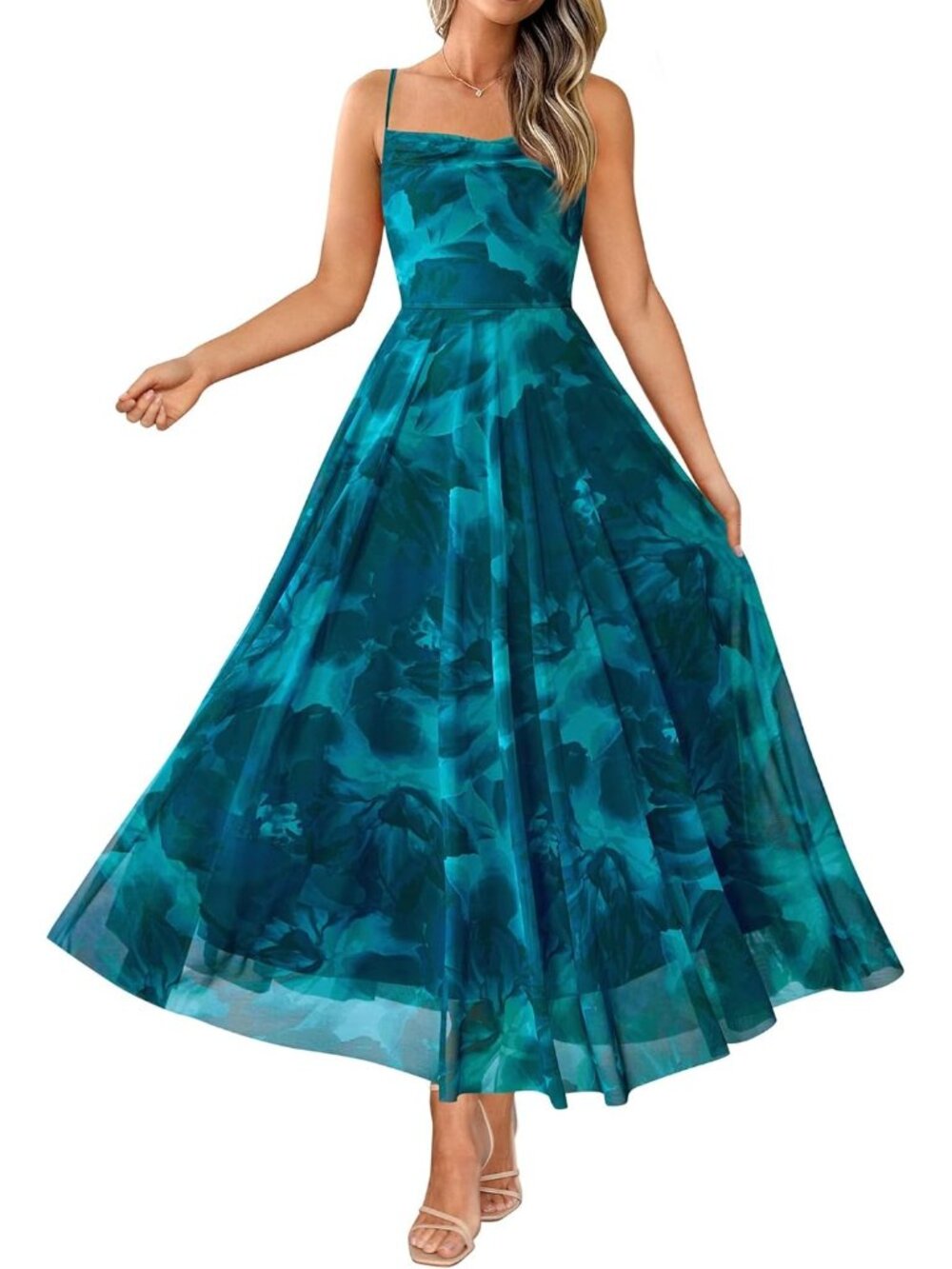 Women's Summer Floral Maxi Spaghetti Strap Floral Blue Green Printed Beach Dress